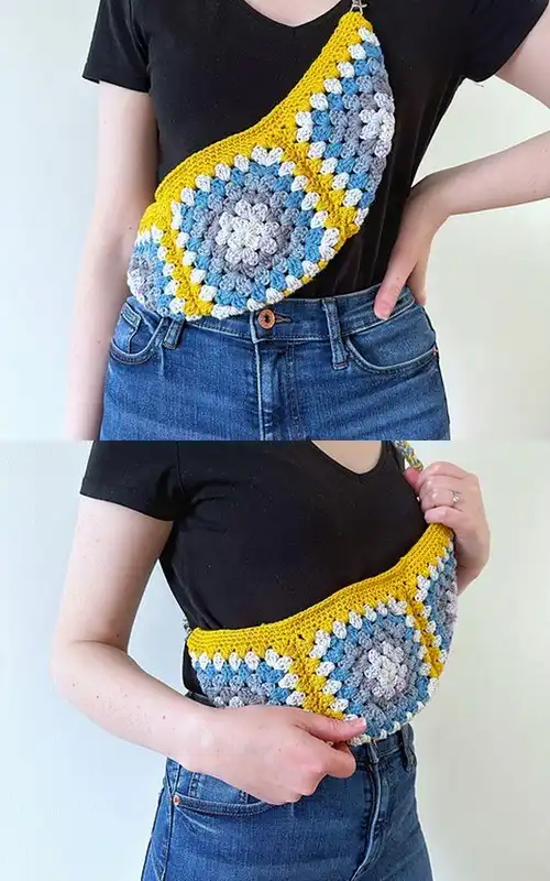 A diverse group of people of different ages and genders wearing Waist Crochet Crossbody Bum Bags in various styles.