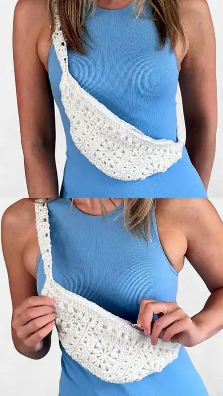 A boho-chic Waist Crochet Crossbody Bum Bag adorned with long, flowing fringe along its bottom edge.