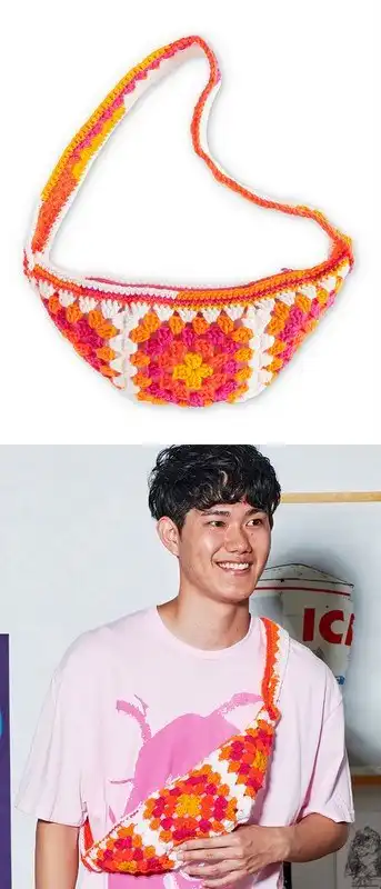 Two Waist Crochet Crossbody Bum Bags, one made with bulky yarn for a chunky look, and another with fine yarn for a delicate finish.