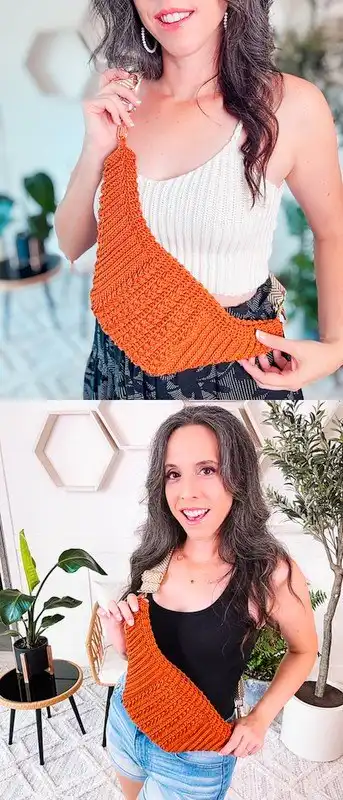 A freshly blocked Waist Crochet Crossbody Bum Bag laid flat, showcasing its perfectly shaped and even stitches.
