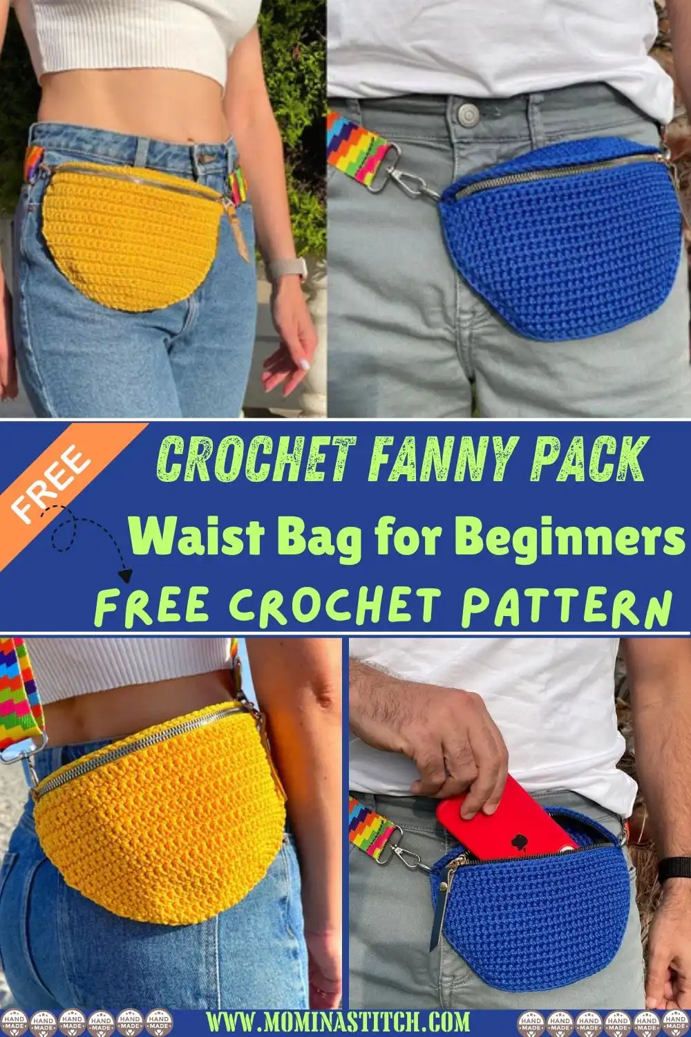 A display of handmade Waist Crochet Crossbody Bum Bags arranged attractively for sale at a craft market stall.