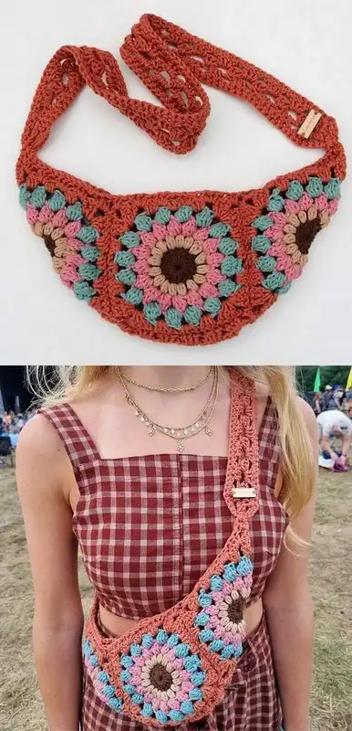 An open Waist Crochet Crossbody Bum Bag revealing a neatly sewn fabric lining with interior pockets.