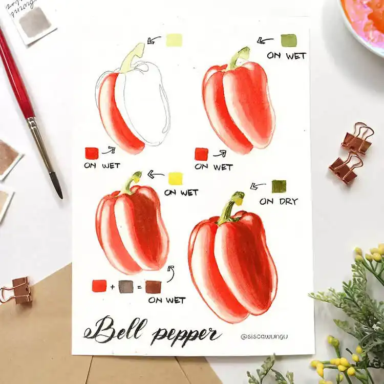Watercolor Cherry Cheesecake Dessert Tutorial - Watercolor Painting Ideas 13 Vibrant red bell pepper watercolor, showcasing blending and sheen techniques for still life.