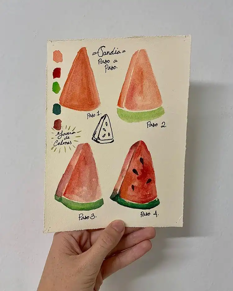 Watercolor Cherry Cheesecake Dessert Tutorial - Watercolor Painting Ideas 14 Watercolor painting of a watermelon slice, ideal for beginners learning fruit illustration.