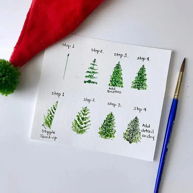 Watercolor Cherry Cheesecake Dessert Tutorial - Watercolor Painting Ideas 16 Watercolor evergreen tree, demonstrating layered greens for natural landscape elements.