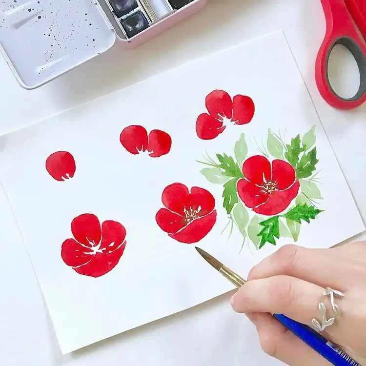 Watercolor Cherry Cheesecake Dessert Tutorial - Watercolor Painting Ideas 17 Bright red watercolor flower, focusing on layered petals and vibrant hues for floral studies.