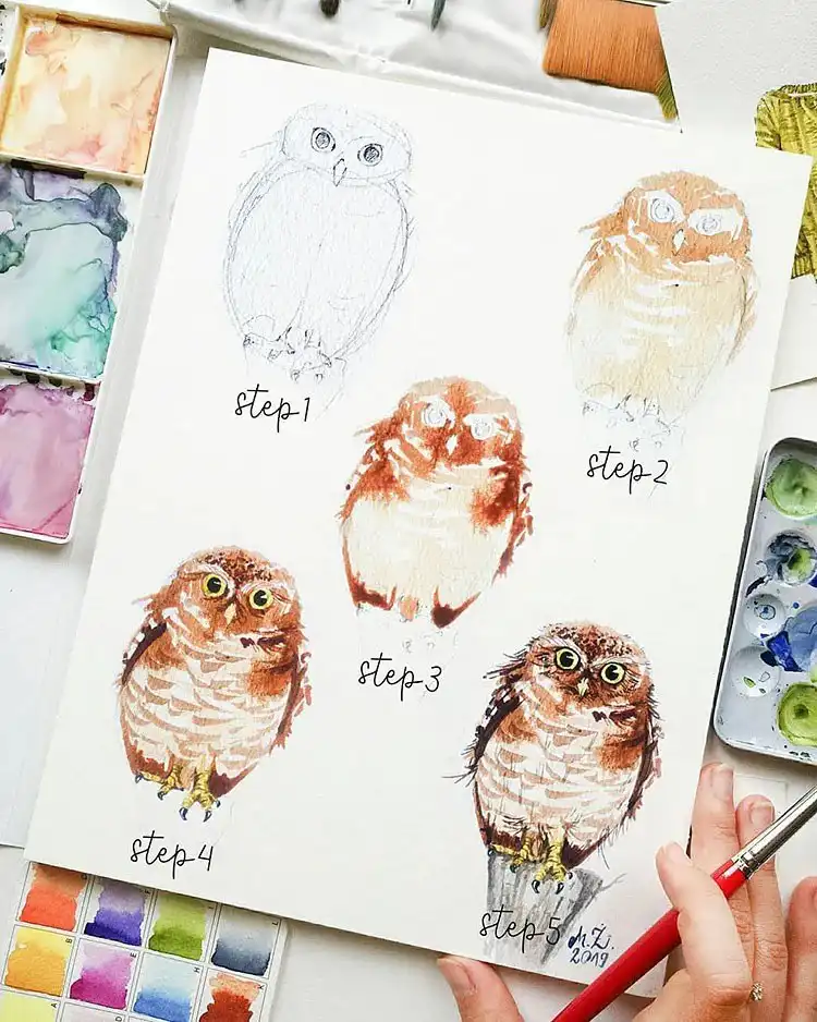 Watercolor Cherry Cheesecake Dessert Tutorial - Watercolor Painting Ideas 19 Detailed watercolor owl painting, a more advanced tutorial for intricate feather work.