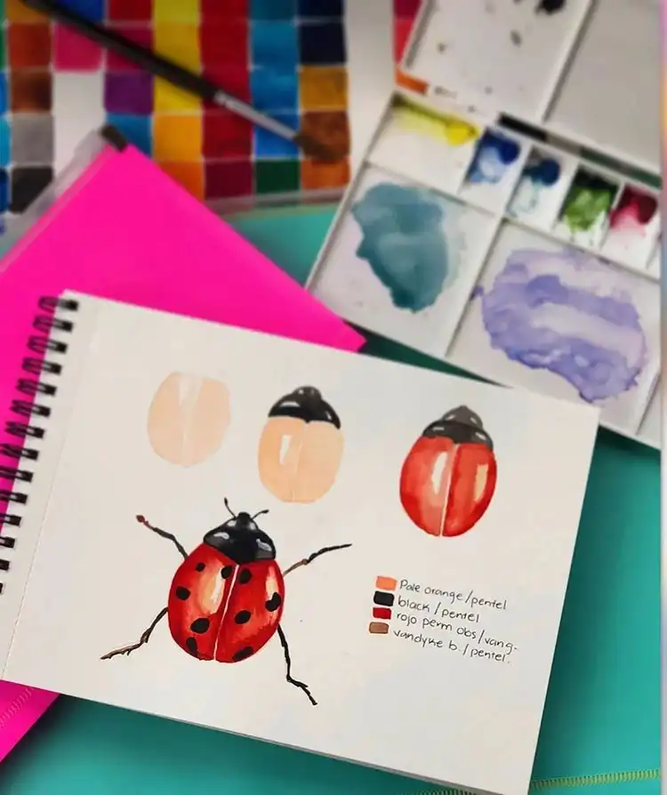 Watercolor Cherry Cheesecake Dessert Tutorial - Watercolor Painting Ideas 21 Watercolor ladybug painting, showing specific color details for a charming insect illustration.
