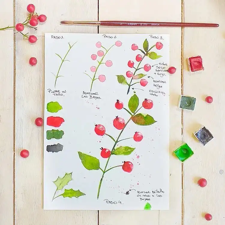 Watercolor Cherry Cheesecake Dessert Tutorial - Watercolor Painting Ideas 4 Detailed watercolor illustration of holly berries and leaves, ideal for winter and holiday painting ideas.