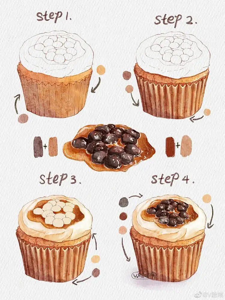 Watercolor Cherry Cheesecake Dessert Tutorial - Watercolor Painting Ideas 5 Watercolor cupcake with fluffy frosting, showcasing a topping tutorial for dessert painting ideas.