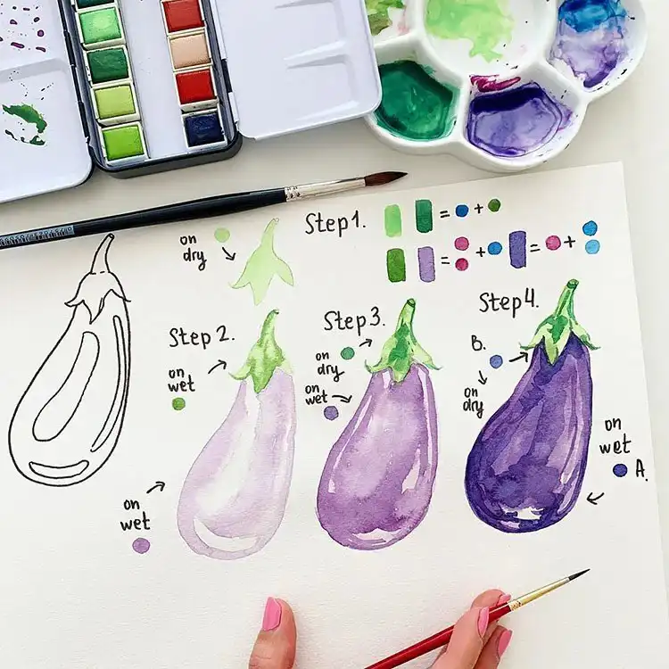 Watercolor Cherry Cheesecake Dessert Tutorial - Watercolor Painting Ideas 10 Watercolor illustration of an eggplant, demonstrating wet and dry techniques for still life painting ideas.
