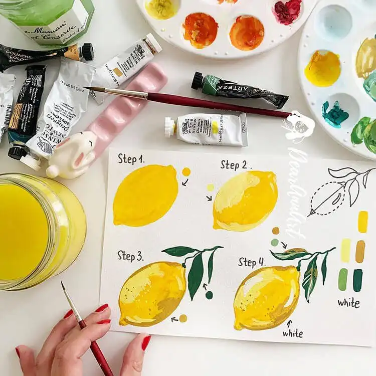Bright watercolor lemon painting with vibrant yellows and green leaves, perfect for still life practice