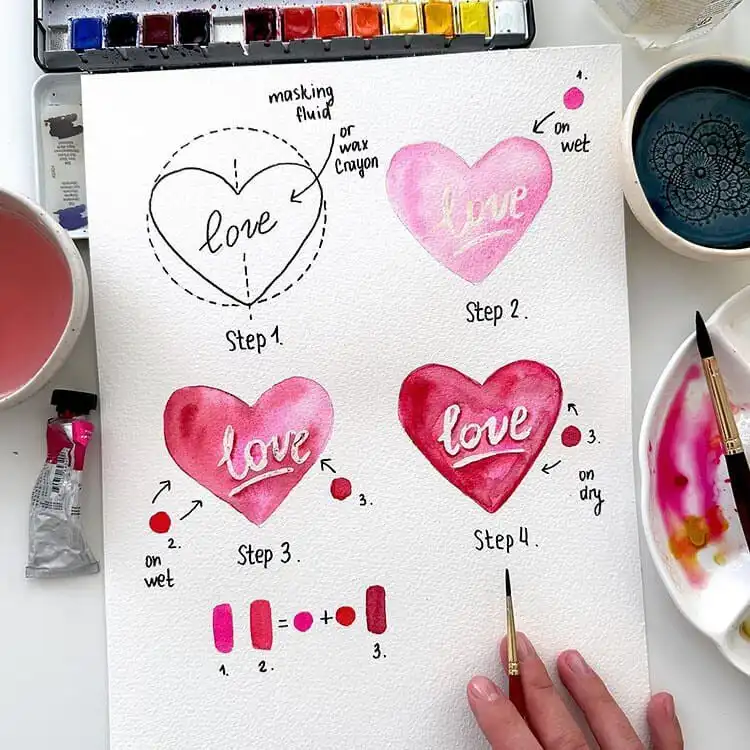 Charming watercolor heart tutorial with soft, blended colors, ideal for beginner exercises