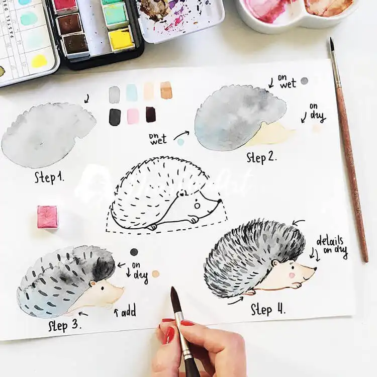Adorable hedgehog watercolor painting featuring textured fur and expressive eyes, a fun subject for animal art