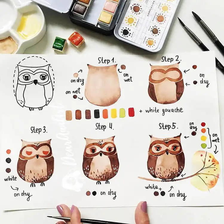 Expressive watercolor owl painting with vibrant eyes and feathered textures, inspiring animal portraiture in watercolor