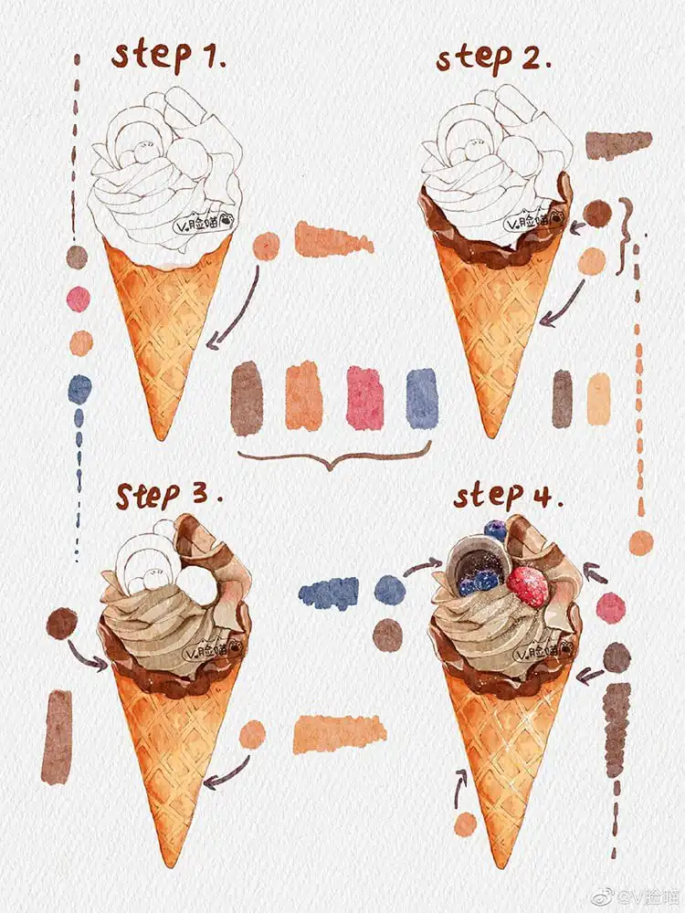 Charming watercolor painting of a vanilla cupcake with strawberry frosting and a halved strawberry