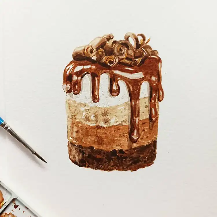 Elegant watercolor painting of a small, perfectly frosted mini layer cake