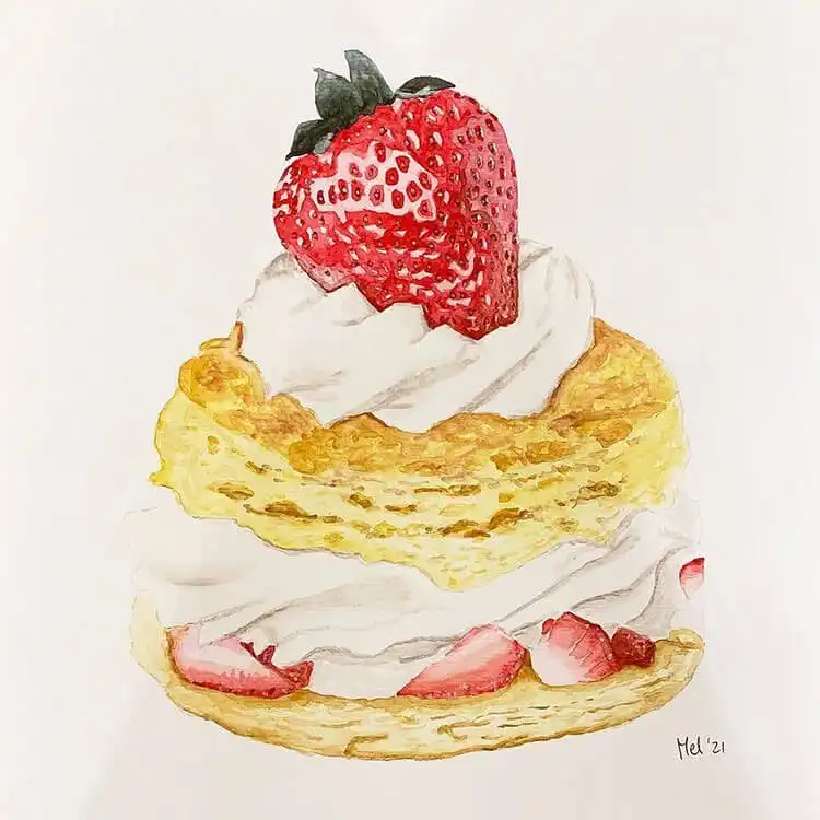 Rich watercolor illustration of a four-layer mini chocolate cake with dripping sauce