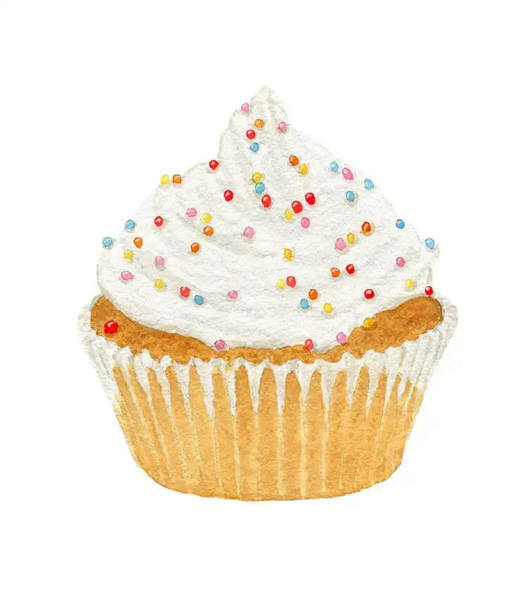 Highly detailed watercolor painting of a strawberry shortcake showing flaky layers and realistic fruit