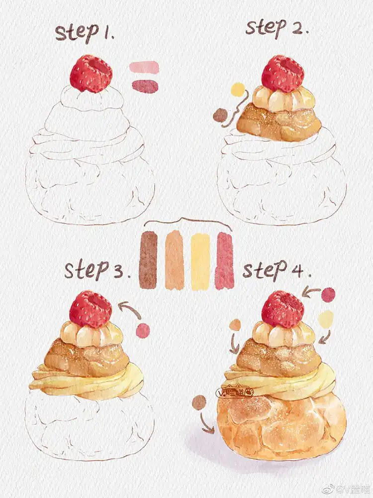 Realistic watercolor painting of a strawberry pie slice next to a refreshing drink