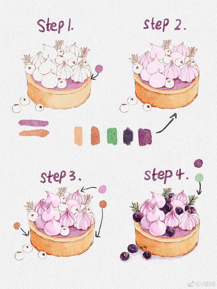 Four-step watercolor tutorial showing how to paint a delicate cream puff