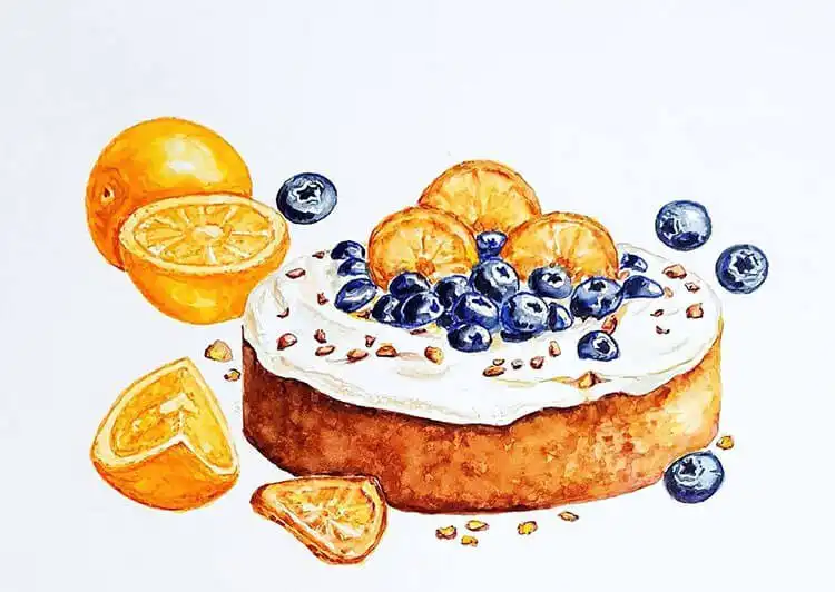Luminous watercolor painting of a purple-fruited tart with a perfectly baked crust