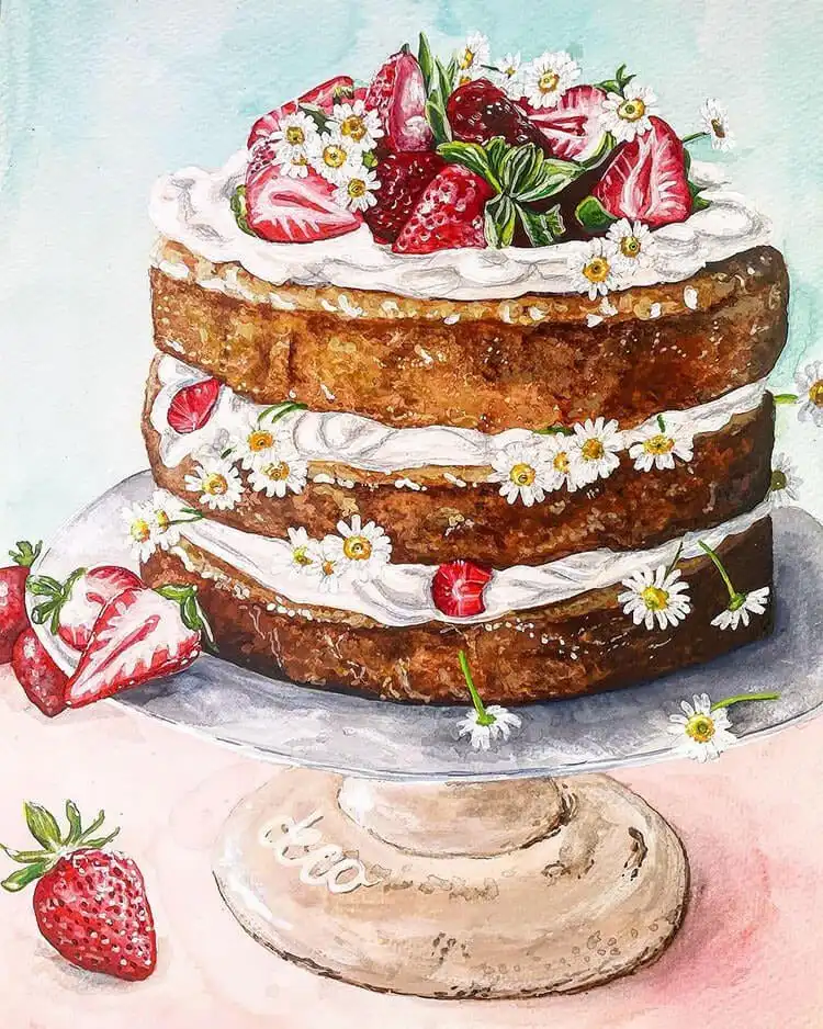 Watercolor painting of French toast topped with ice cream, caramel sauce, and powdered sugar