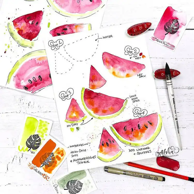 A bright watercolor painting of a slice of watermelon, showing the red juicy flesh, black seeds, and green rind.