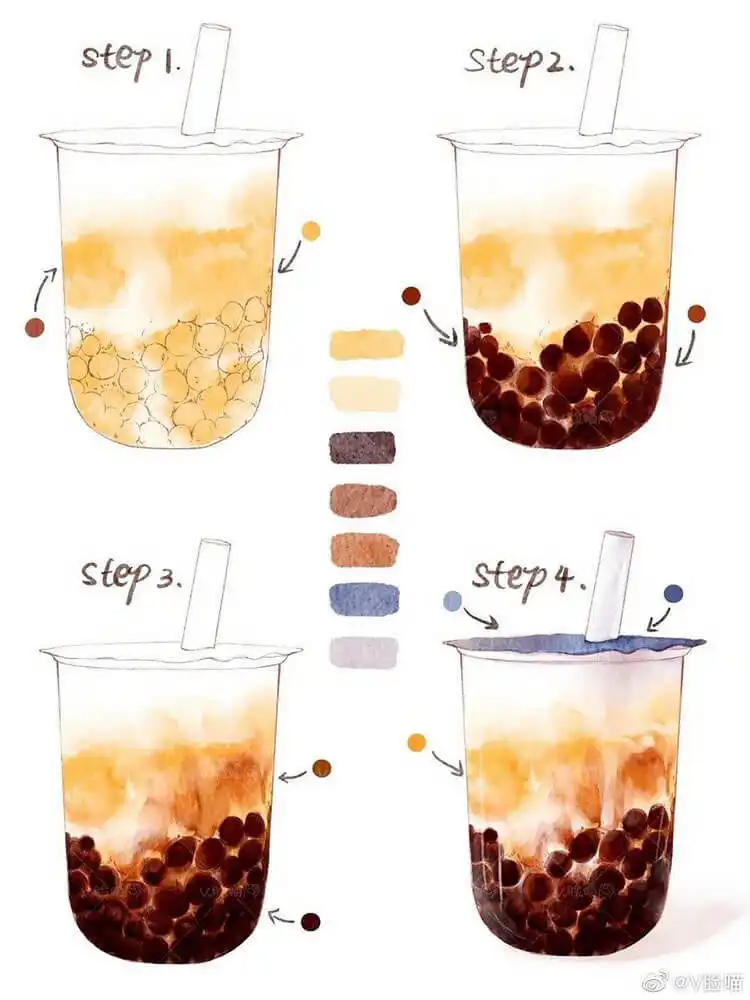 A translucent watercolor painting of bubble tea with dark boba pearls visible through the drink.