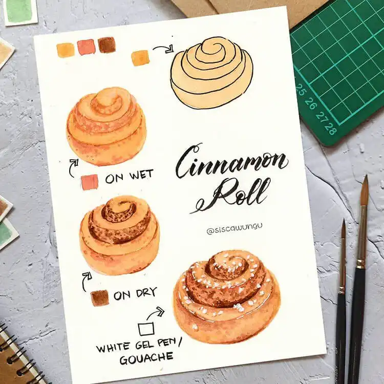 A warm watercolor painting of a cinnamon roll with visible spirals and sweet icing drizzle.