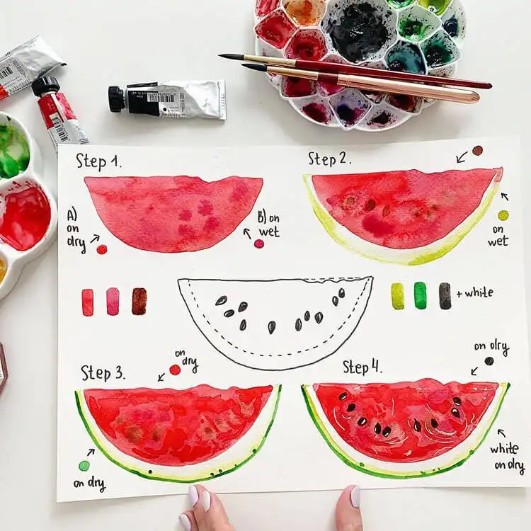 Watercolor painting of a sliced watermelon, demonstrating vibrant reds and greens with seeds, ideal for beginners.