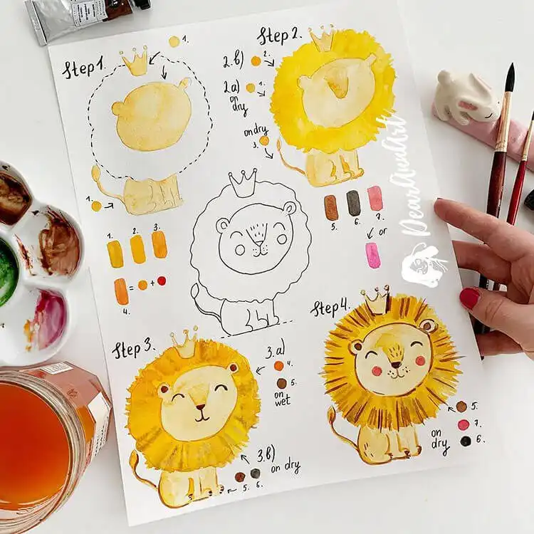Whimsical watercolor painting of a yellow lion wearing a crown, showcasing expressive brushwork and playful colors.