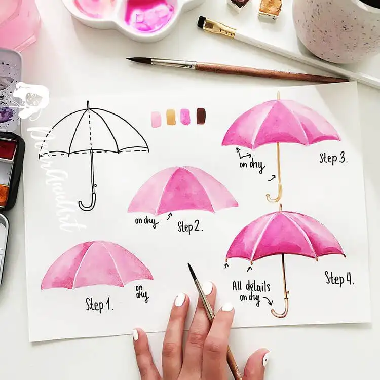 Spring-themed watercolor painting of a pink umbrella, focusing on smooth curves, vibrant colors, and 3D form.
