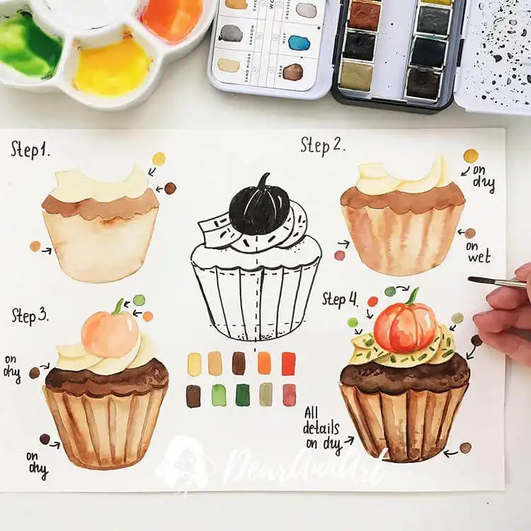 Watercolor painting of a pumpkin cupcake, illustrating creamy frosting, warm spice tones, and fine details.