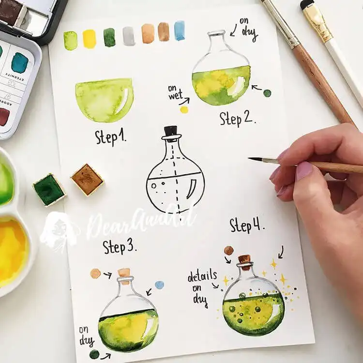 Fun watercolor painting of green beakers, demonstrating transparent glass effects and playful color experimentation.