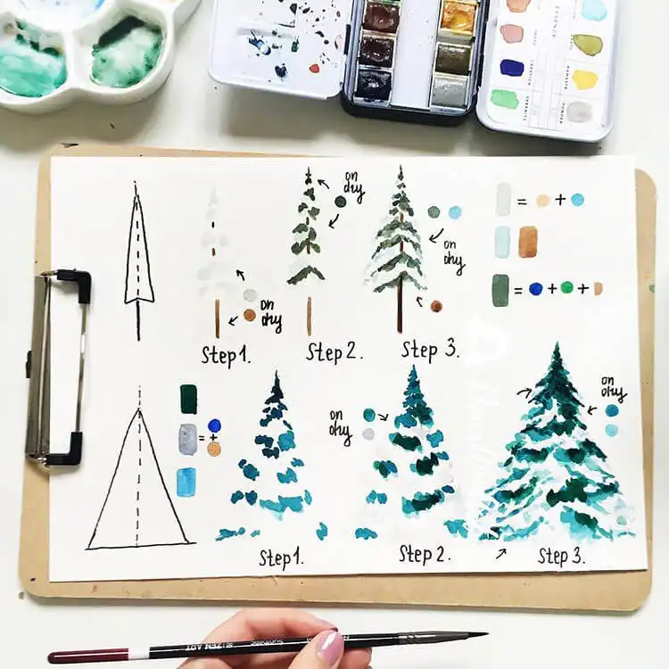 Winter watercolor painting of a tree with snow, ideal for holiday cards, showing cool shadows and crisp whites.