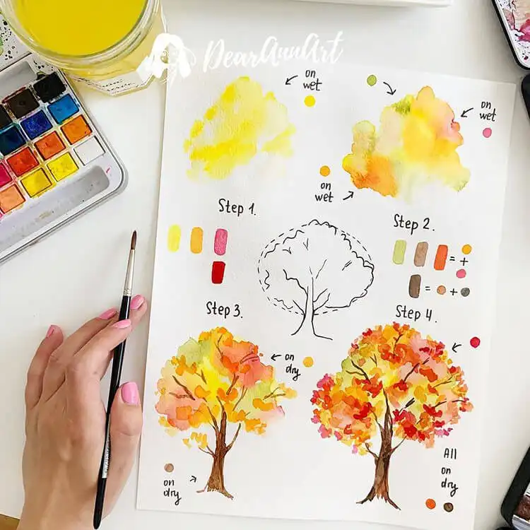 Autumnal watercolor painting of a fall tree with a canopy of red, orange, and yellow leaves, using wet-on-wet technique.
