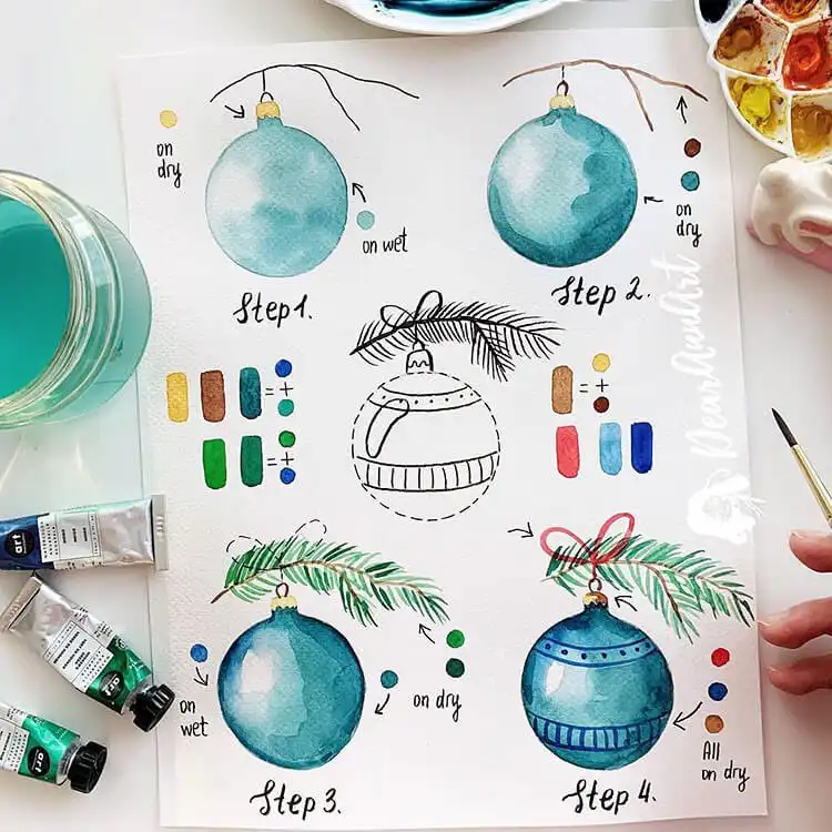 Festive watercolor painting of a Christmas tree ornament, showing reflective surface and holiday colors.