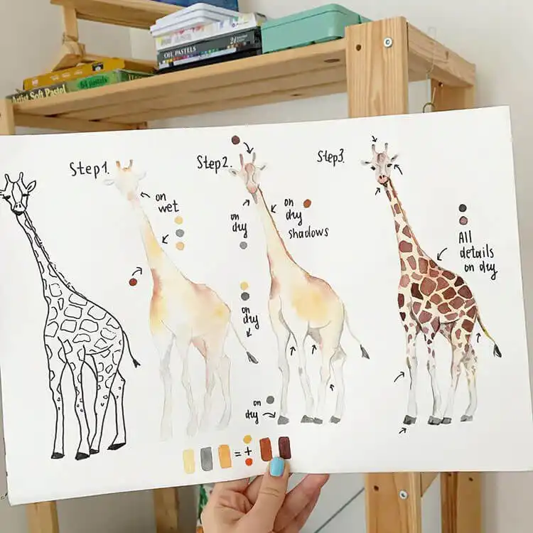 Advanced beginner watercolor painting of a giraffe, featuring unique patterns, graceful neck, and animal anatomy.