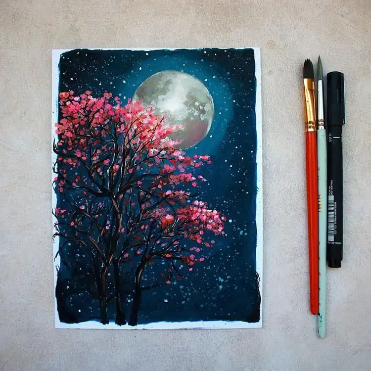 Painting of a sakura (cherry blossom) tree with intricate branches and a giant glowing moon.