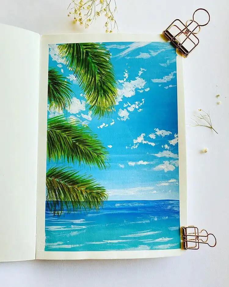 Painting of palm trees on a beach with ocean in the background, featuring soothing tropical colors.