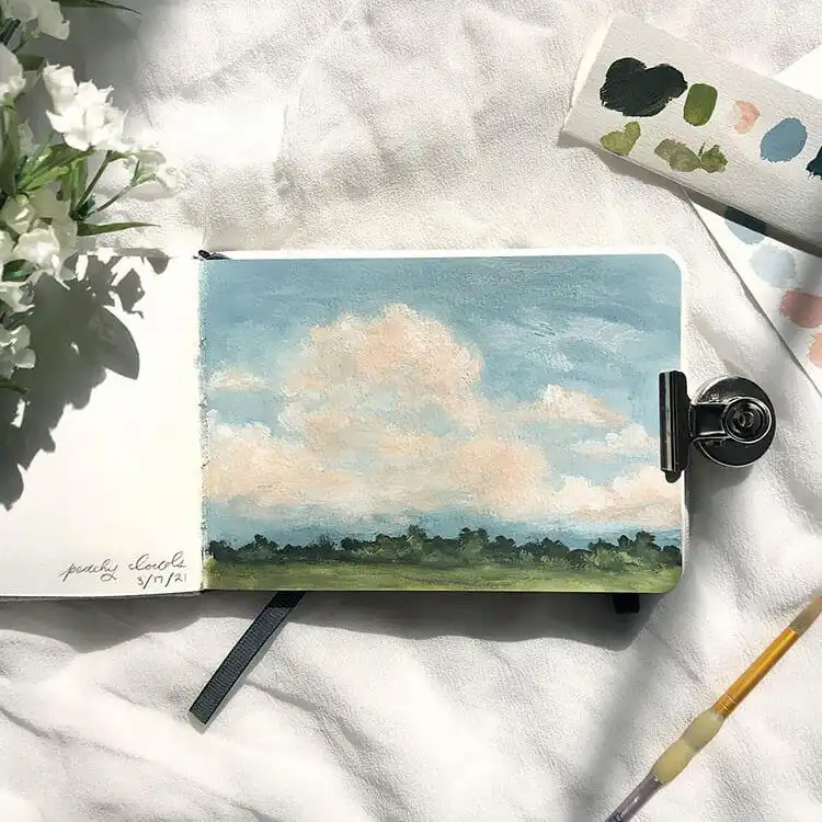 Simple painting of a cloudy sky above lush green grass, focusing on natural beauty and atmospheric effects.