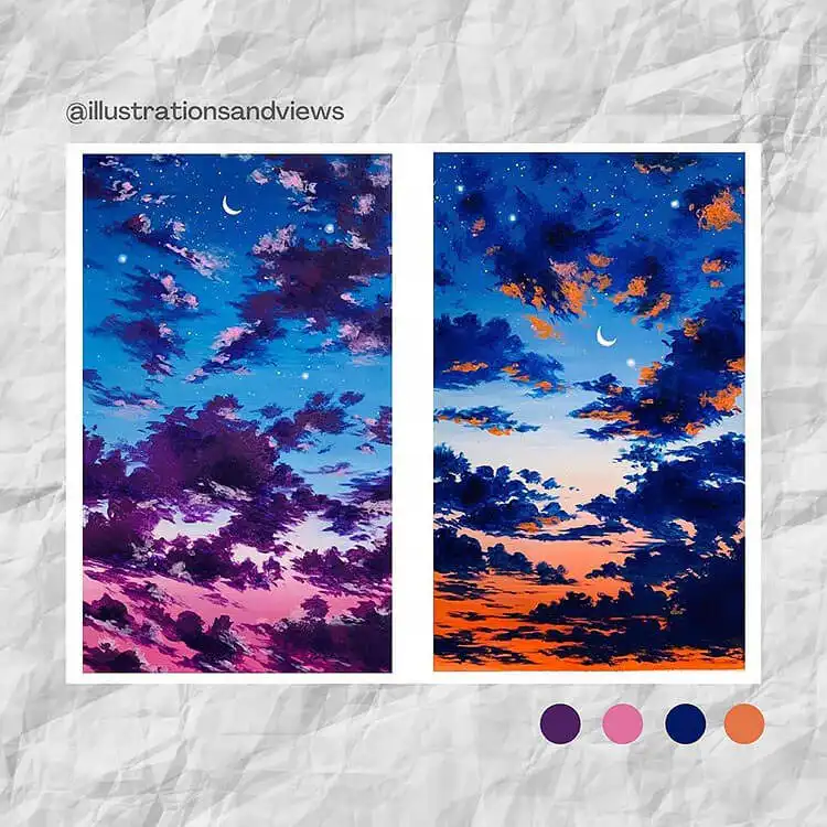 Two night sky paintings illustrating the transition from twilight hues to a deep, star-filled night.