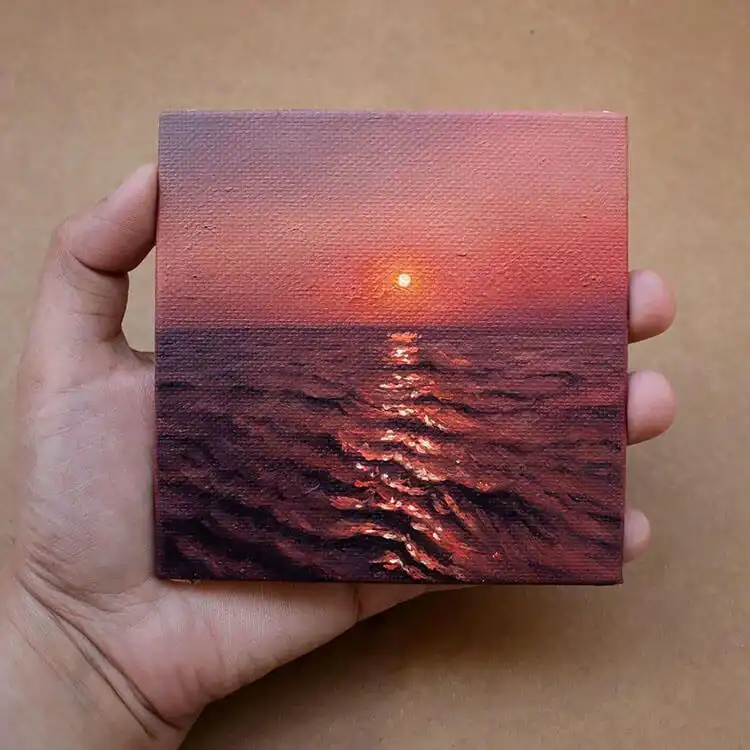 Painting of realistic waves at sunset, emphasizing light reflection on water with purple hues.