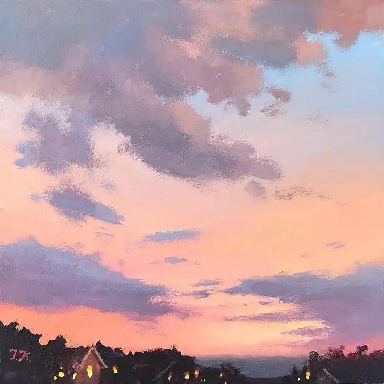 Painting of a beautiful sky over a residential neighborhood, suitable for warm summer days or evenings.