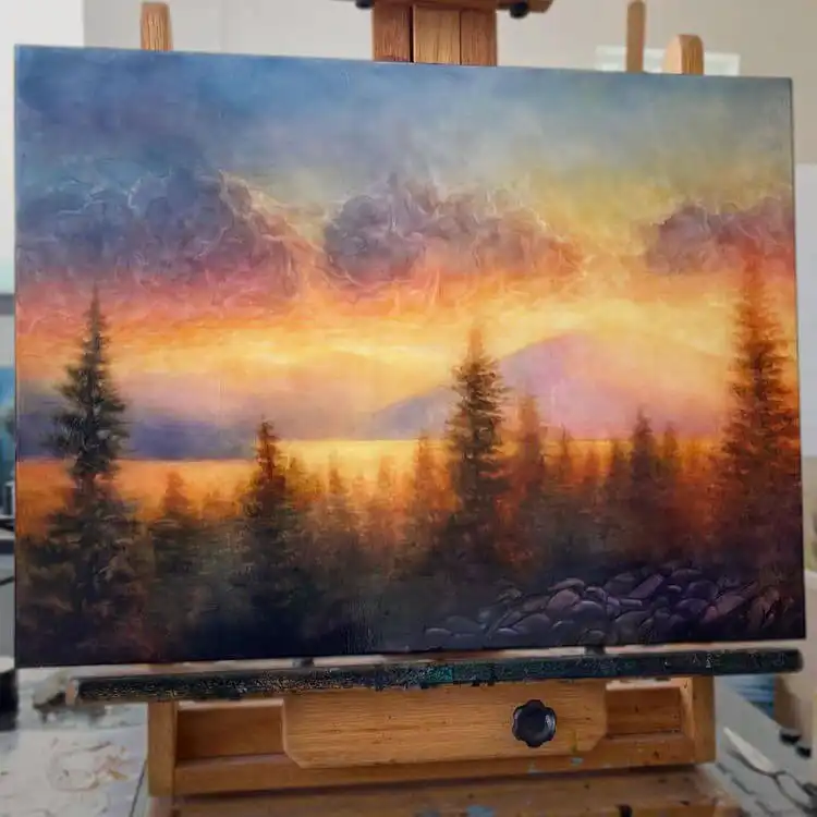 Powerful painting of a stormy sky in the woods, using dark and dramatic colors to convey atmosphere.