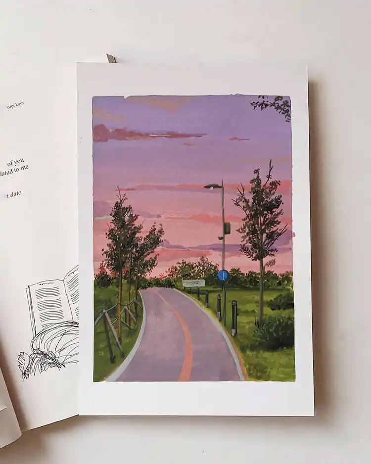 A peaceful sunset painting with an empty road winding into the distance, evoking warm summer evenings.
