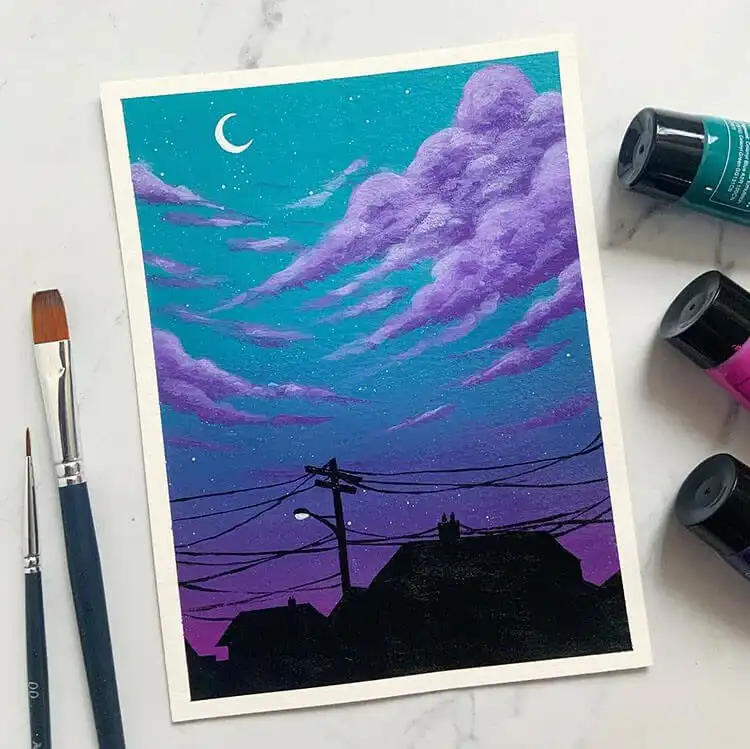 Vibrant night sky painting with deep blue and purple clouds, a shining moon, and stars over a neighborhood.
