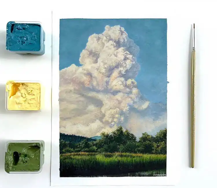 Painting of lush grass, green trees, and beautiful fluffy white clouds, a serene nature study.