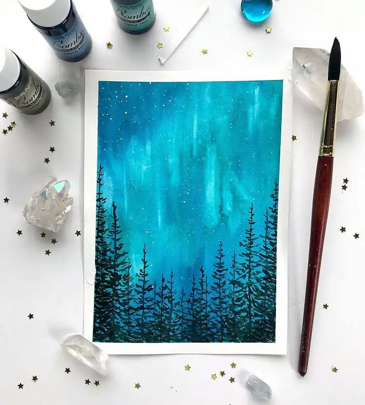 Watercolor painting of a blue aurora borealis in a dark forest, created with simple colors.
